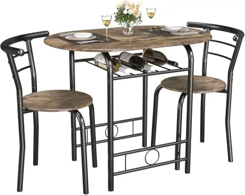 3-Piece Wooden Round Table & Chair Set, Kitchen Breakfast Nook | Space Saving, Wood Grain Tabletop with Metal Frame and