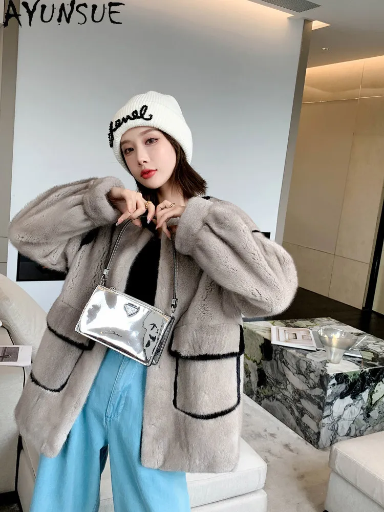AYUSNUE Natural Mink Fur Coat Women Clothing Warm Whole Mink Fashion Winter Jacket Woman Mid-length Velvet Шуба Натуральный Мех