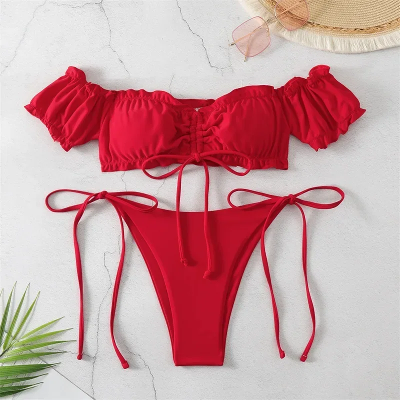 

Sexy String Bikini 2025 Red Off Shoulder Swimsuit Female Swimwear Women Thong Bikinis Set Bather Swimming Beachwear Bathing Suit