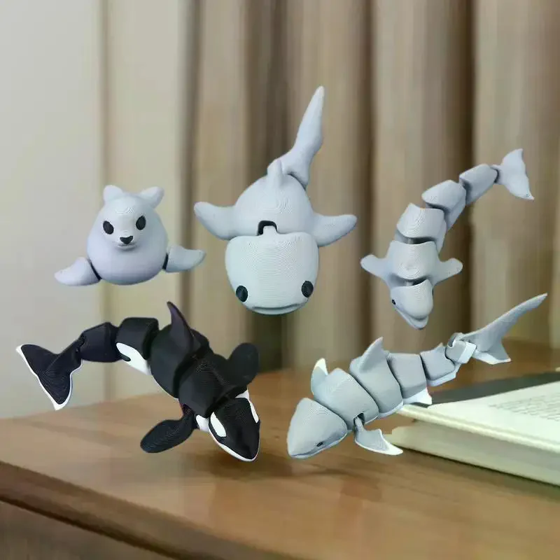 3D Print Mini Animal Jointed Shark, Orca Statue Home Decor Ideal Gift for Buddies