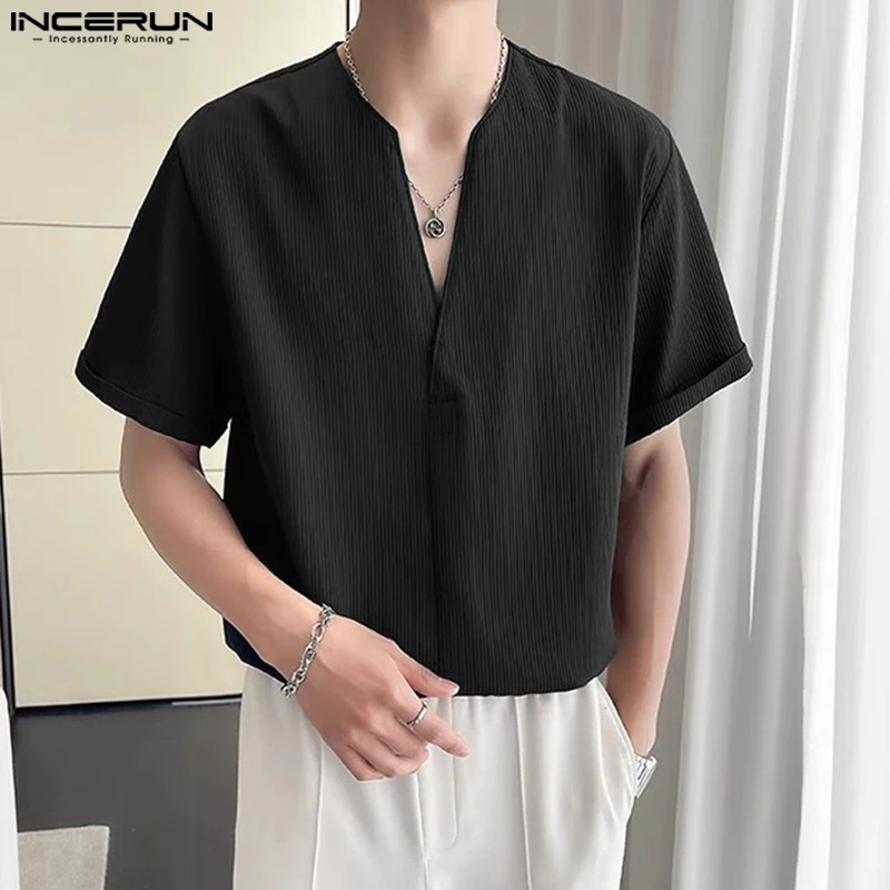 Casual Simple Style Tops INCERUN New Men\'s V-neck Texture Design T-shirt Male Streetwear Solid Short Sleeved Camiseta S-5XL 2024