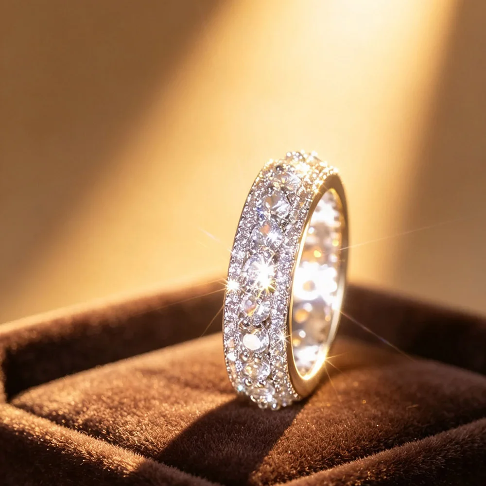 1Pcs narrow eternity band fully paved with shiny zircon crystals for ladies. All-round sparkling design, sleek minimalist style, suitable for daily wear, banquets and anniversary gifts, ring only, box not included.