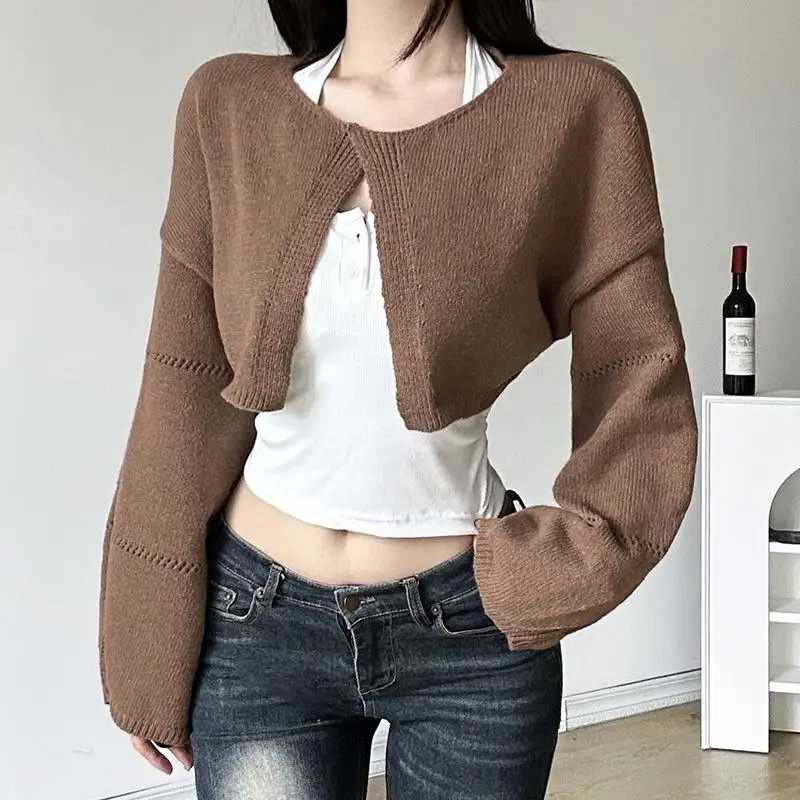 

Knitwear Sweater Short Split Hollow-Out Lantern Sleeves Causal Korean Fashion Pullovers 2024 Autumn New Long Sleeve Tops