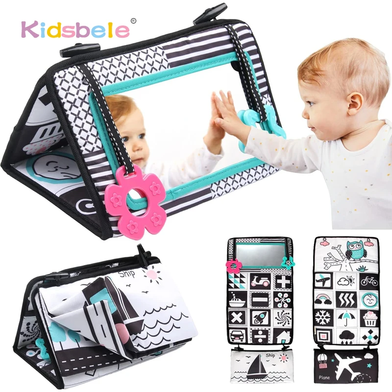 Baby Mirror Toys Black and White High Contrast Toys with Crinkle Cloth Books and Teethers