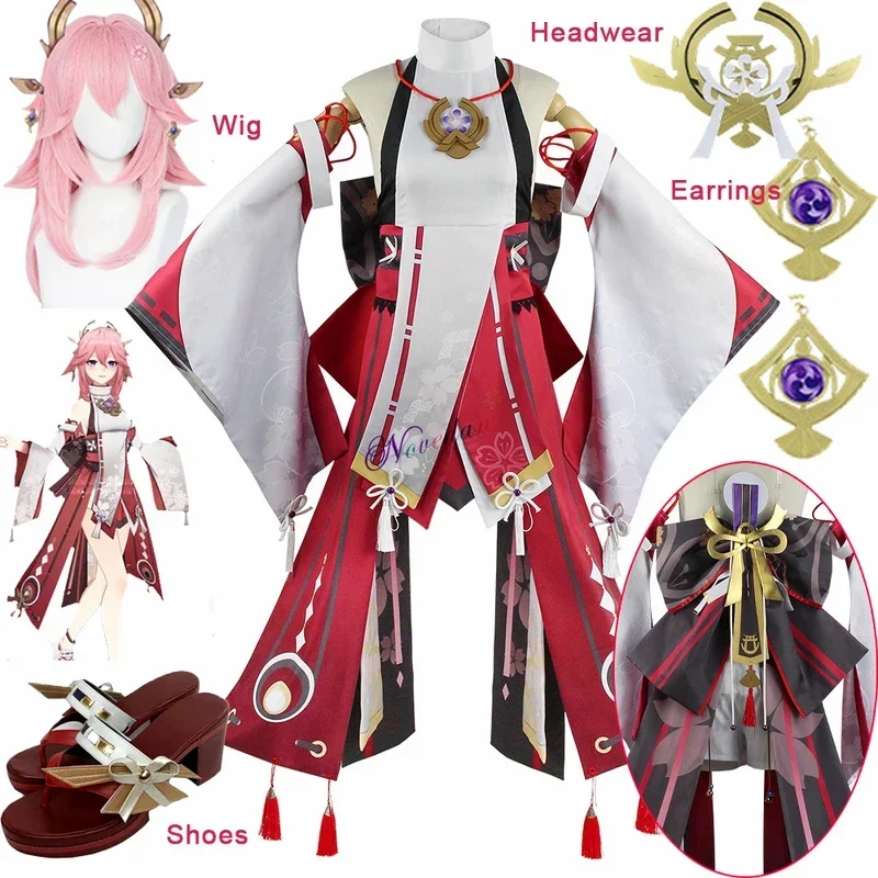 yae Miko Cosplay Costume Guuji Fancy Dress Full Set Uniform Outfit Wig Headwear Shoes Props Game Suit