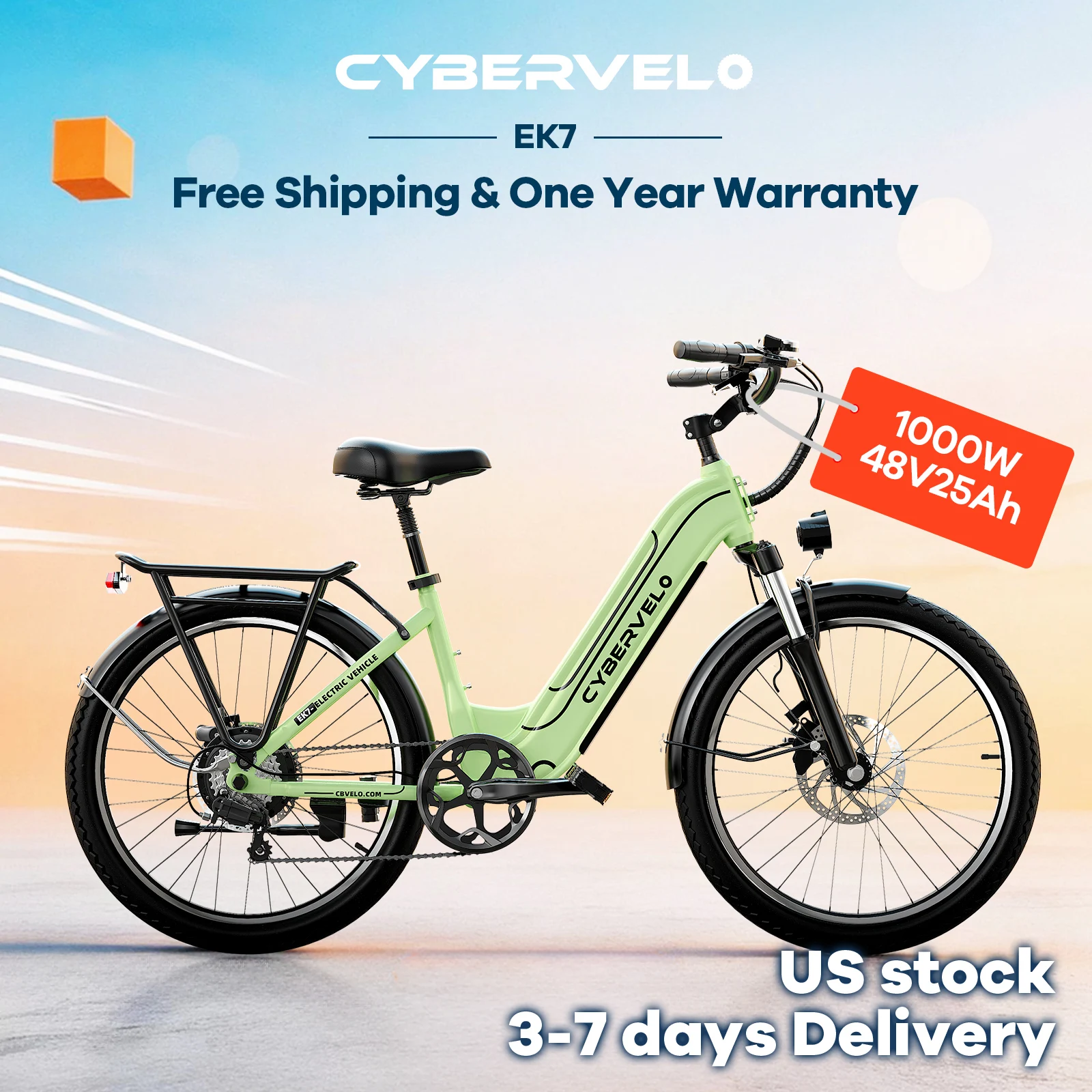 Cybervelo 26" Step-Thru Electric Bike EK7 1000W Peak 48V 25Ah Detachable Battery Long Range 7-Speed Shift Commuter for Adults