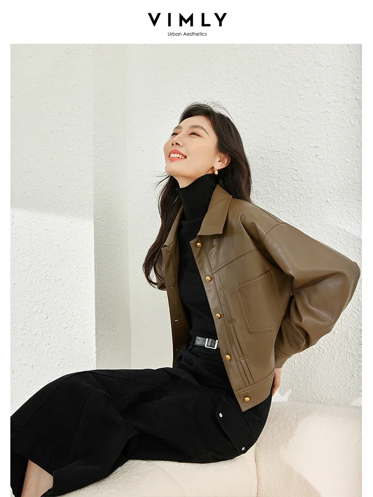 Vimly Women\'s Faux Leather Motorcycle Jackets 2023 Autumn Winter Lapel Short Brown Pu Leather Coats Female Clothing 16087