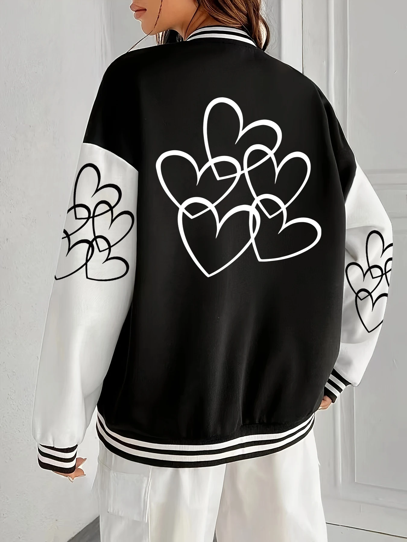 

Simple Heart Prints Jacket Women Sport Warm Jackets Loose Hip Hop Streetwears Crewneck American Tops All-Match Casual Veste