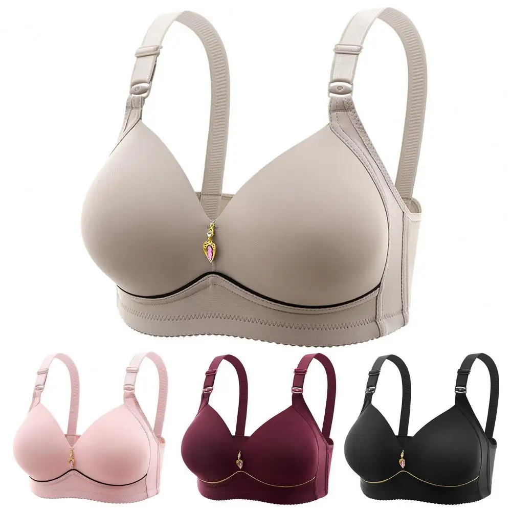 

Women Bra Rhinestone Decor Shockproof Adjustable Strap Push-up Sports Bra for Women Solid Color Back Closure Wireless Lady Bra