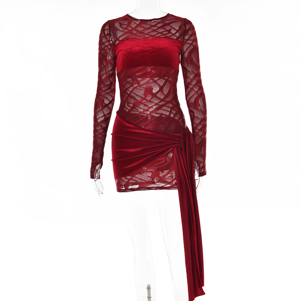 Minivestido ceñido al cuerpo para mujer, Sexy, transparente, con lazo en la cintura, manga larga, otoño 2022