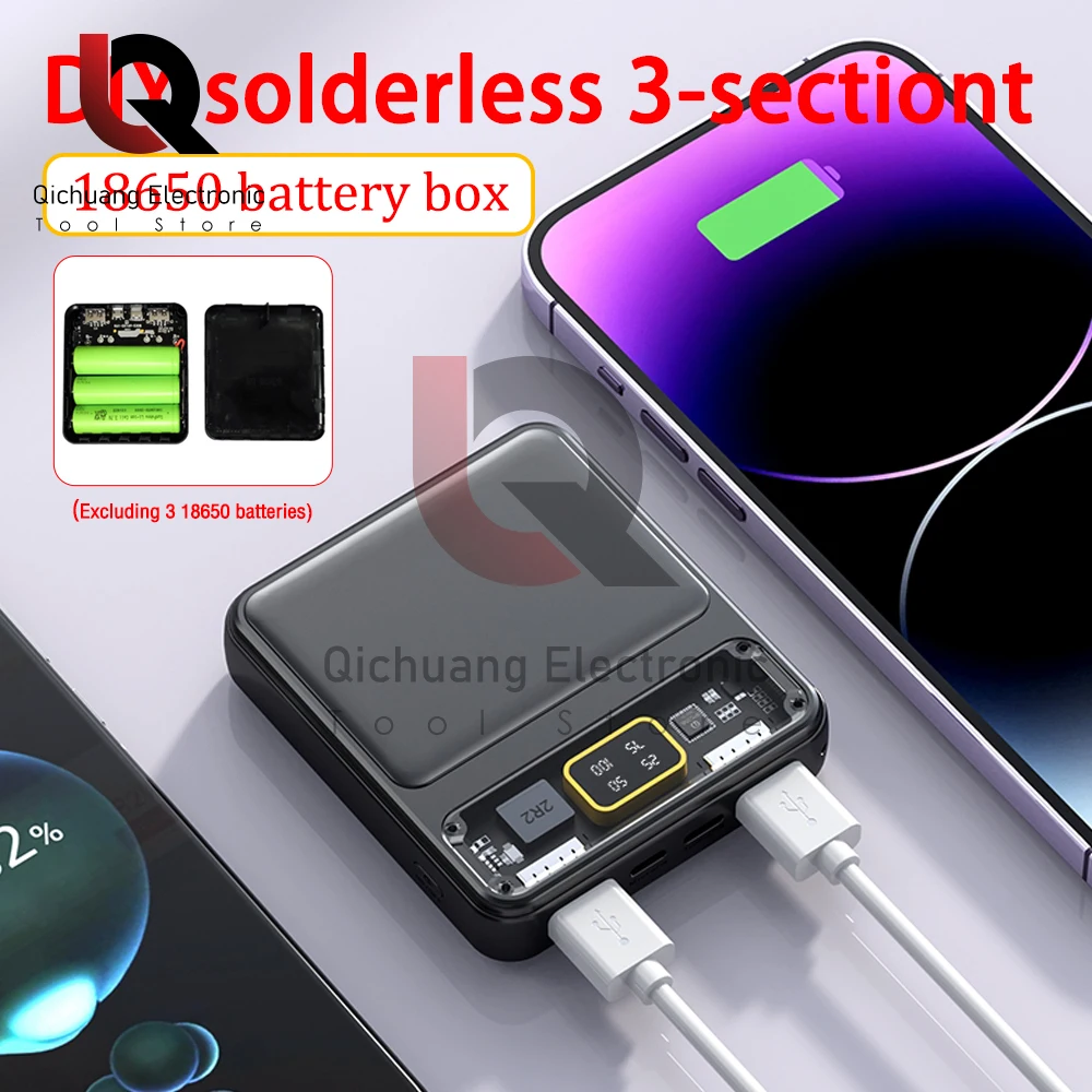 Power Bank Battery Dual USB Battery Pack Digital Display Mini 3 18650 Batteries Transparent Screen Power Bank For Xiaomi Lphone