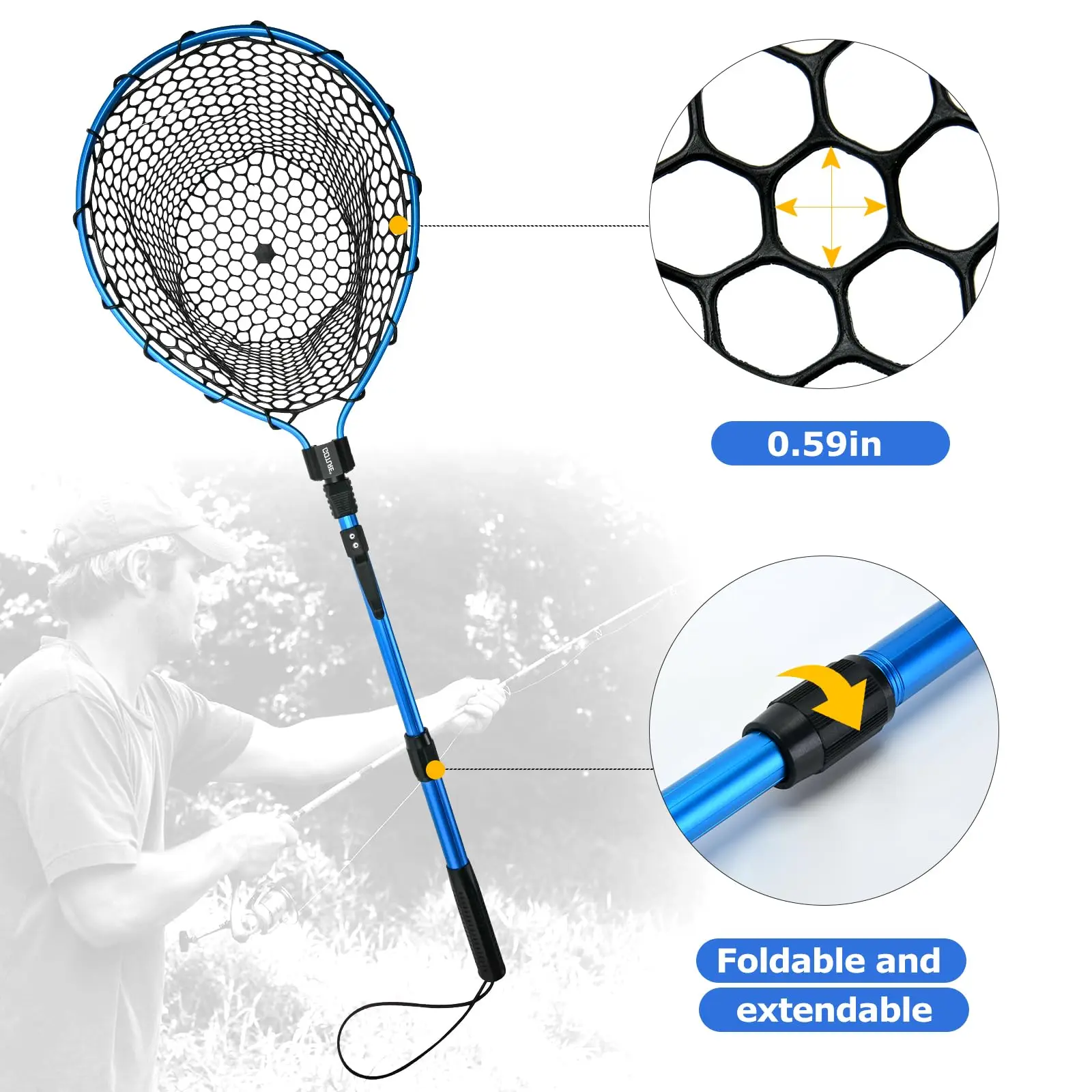 Goture Fly Fishing Landing Net Catch and Release Trout Net Aluminum Alloy Frame Extendable Blue Fly Fishing Net