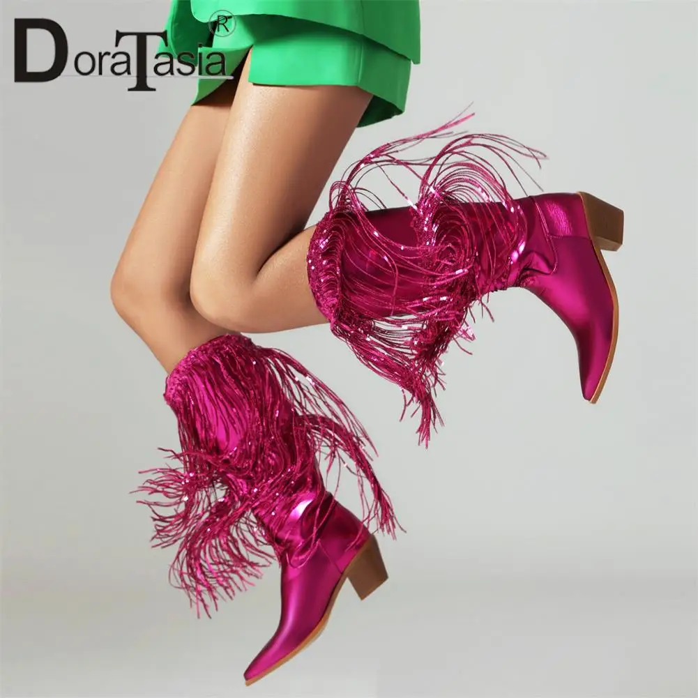 Brand New Ladies Pointed Toe Metallic Boots Fashion Sequin Tassel Chunky High Heels women's Cowboy Boots Party Woman Shoes