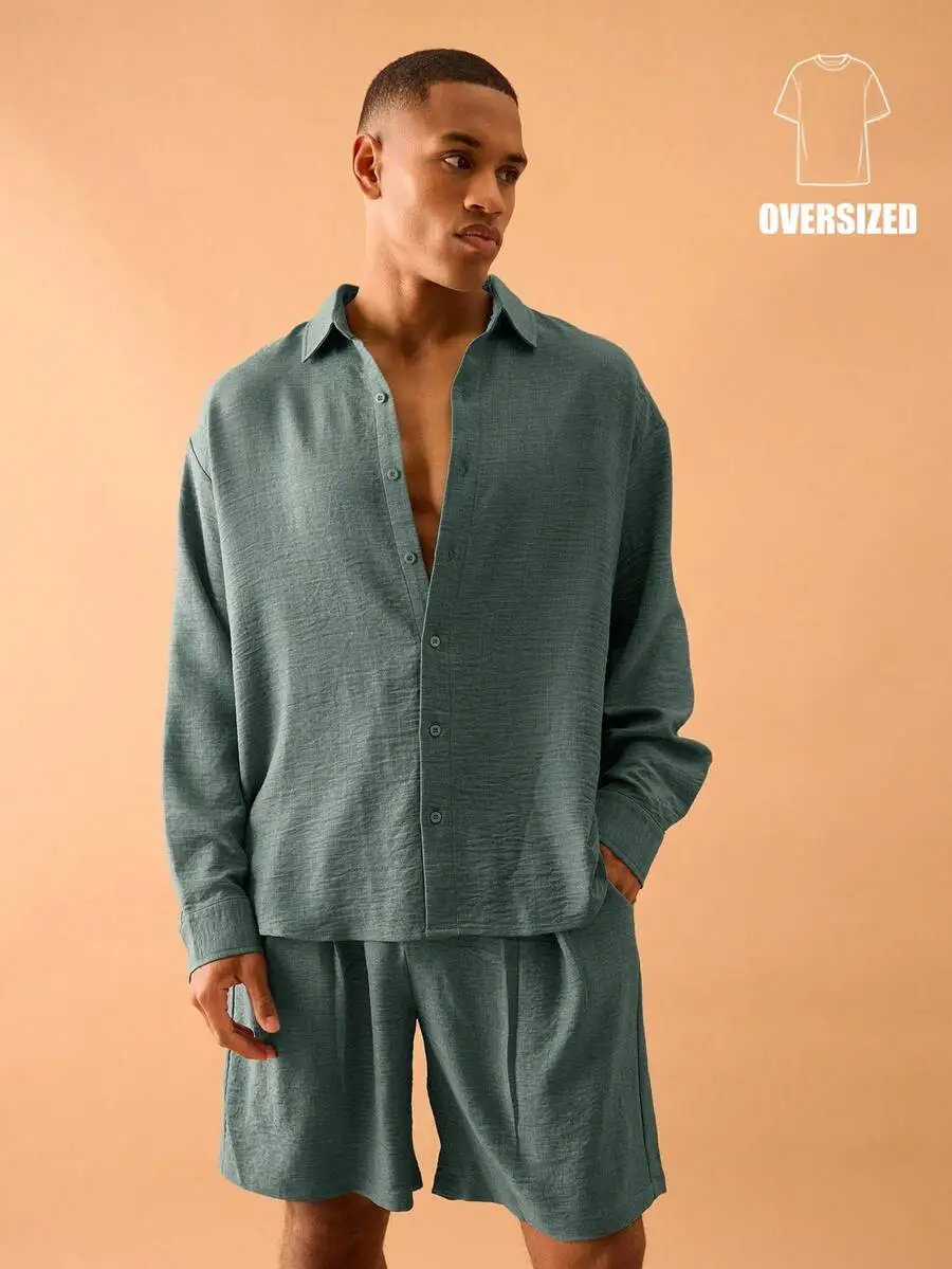 

Мужская льняная рубашка оверсайз с длинным рукавом на пуговицах - летняя повседневная модель