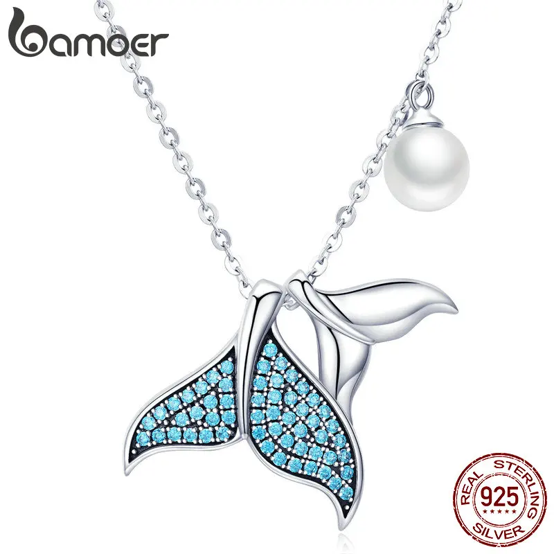 Bamoer 925 Sterling Silver Blue Mermaid Tail Pendant Necklace Quality Shell Pearl Bead Women Fine Jewelry Wedding Gift 17.32''