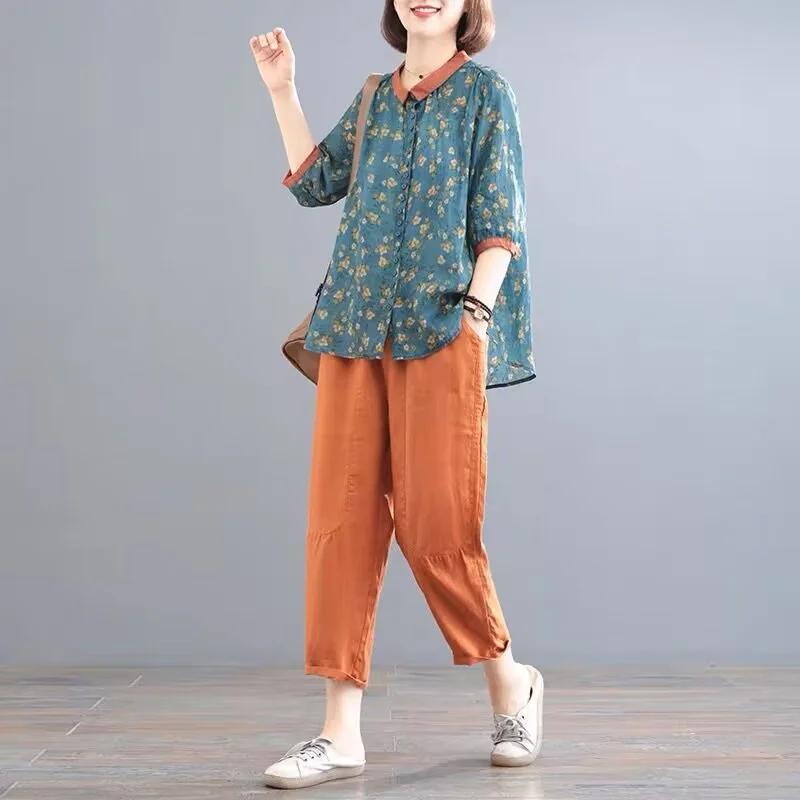 2023 Spring Autumn Fashion Cotton Linen Suit Female Mother Middle-aged Floral Shirt Age-reducing Harun Pants Two-piece Set Tide