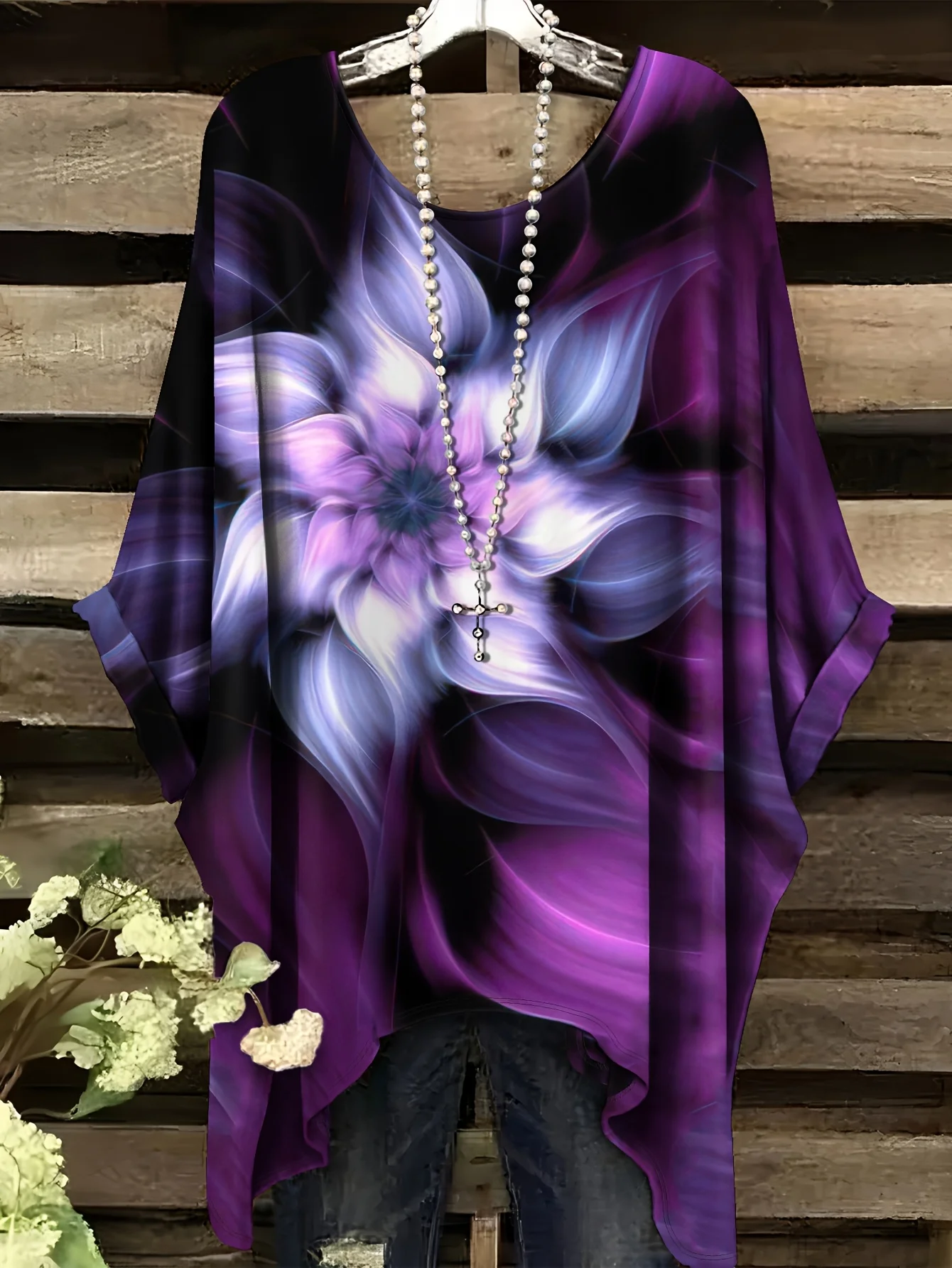 Women Plus Size Purple Floral Print T-Shirt Swallowtail Hem Round Neck Short Sleeve Casual Summer Tops