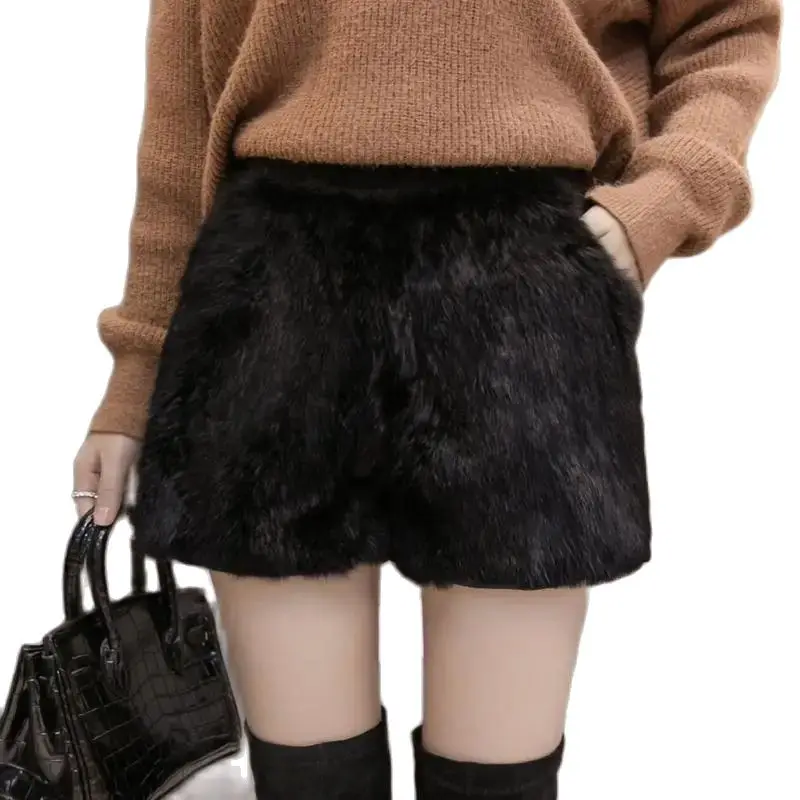 Thick Shorts Women Stretch High Waist Plush Shorts 2024 Autumn Winter Faux Fur Women Casual Women Shorts Black Boot Pants