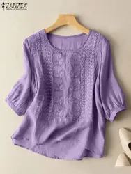 ZANZEA yaz Eleagnt gömlek kadın O boyun çiçek nakış bluz 3/4 kollu iş üstleri nedensel gevşek pamuk Blusas Femme tunik