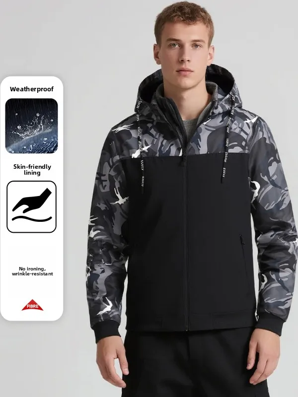 

Мужская куртка с камуфляжным принтом на открытом воздухе, весенне-осенняя свободная посадка, водонепроницаемая рабочая одежда с капюшоном, повседневная мода из полиэстера