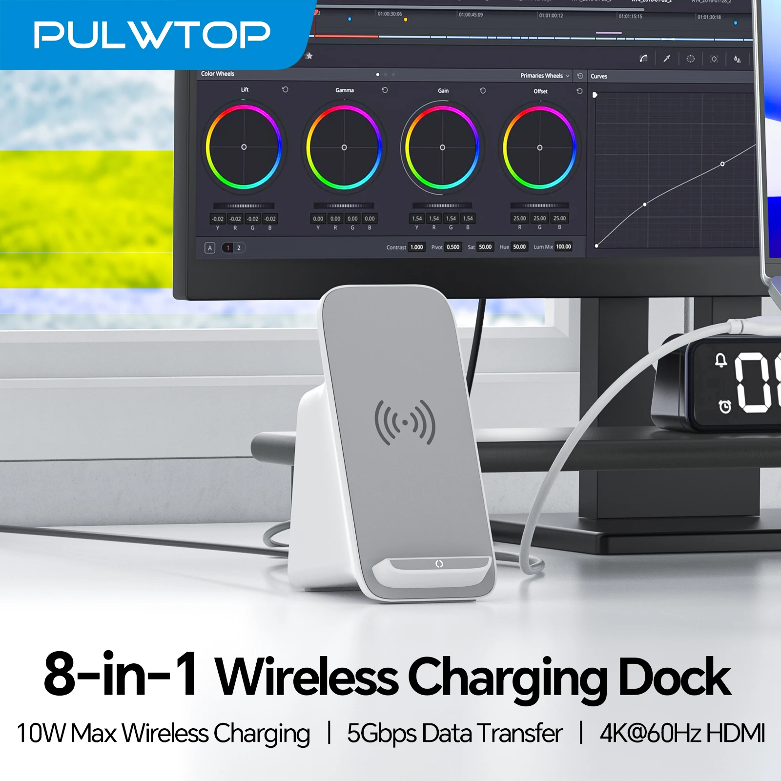 PULWTOP 8-IN-1 Laptop Docking Station, 10W Max Wireless Charging Pad, 4K@60Hz HDMI Display ,5 USB A/C Ports PD100W RJ45, 36W DC