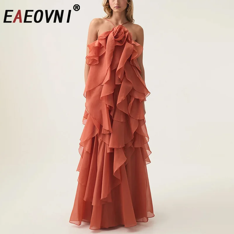 

EAEOVNI Ruffles Patchwork Long Dress Women Fashion Sleeveless Backless Fashion Design Solid Color Dresses Casual 2025 New