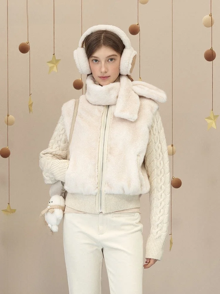 

Moonmoi Women's Knitted Faux Fur Jaet Scarf Set Warm Velvet Twist Eco-friendly Leather Casual Sle Long Sve Zipper Closure