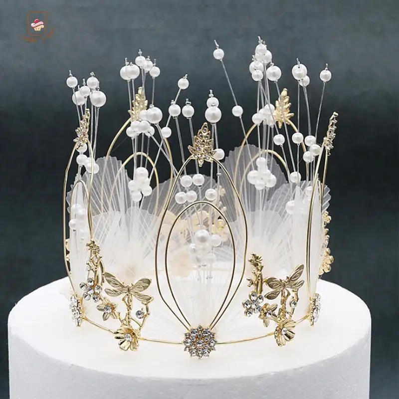 Gold/Silver S/M Pearl Crown Cake Decorative Tiaras Crystal Pearl Princess Cake Toppers Wedding Birthday Cake Decoration Ornament