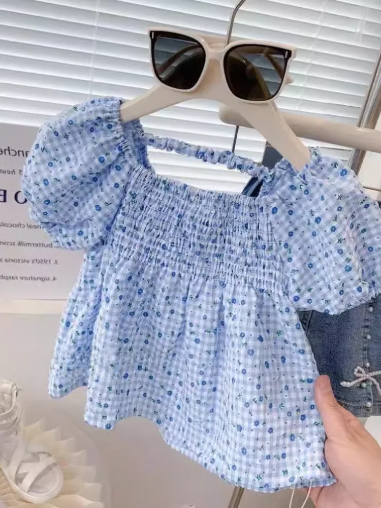 夏花柄半袖シャツ小さな女の子ベビードールスタイル花柄スカートセットスクエアカラー多用途シルクトップ