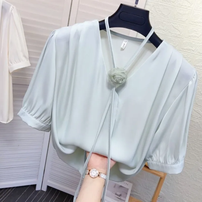 Fashion Drawstring Floral V-neck Chiffon Short Sleeve Blouses Women's Summer New Loose Solid Color Spliced Satin Versatile Shirt