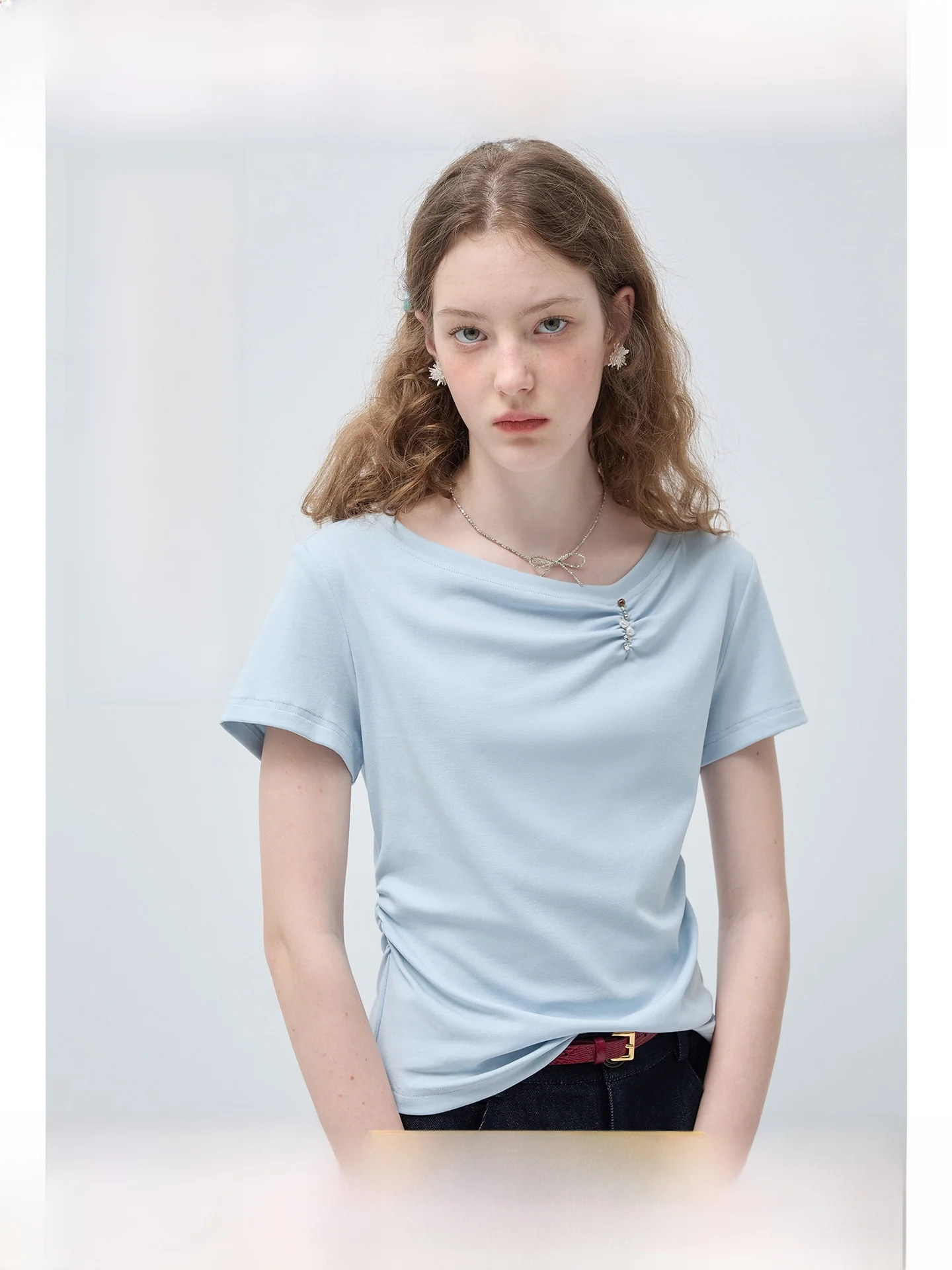 

plus Size Women's Short Sleeve T-Shirt Gathered Waist Slimming Summer Commute Style Korean Version Standard Fit Casual Top