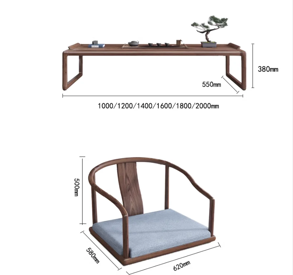 Antique Japanese Style Tea Table and Chair Solid Wood Black Walnut Living Room Furniture