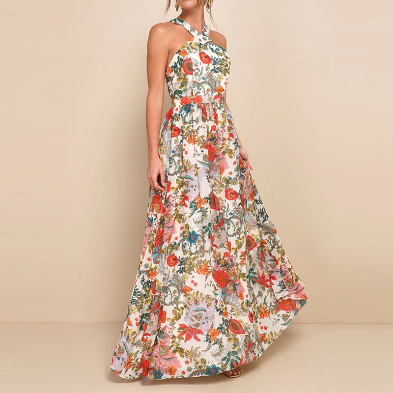 Elegante floral impressão magro vestido de festa sexy fora do ombro sem mangas chiffon vestido longo moda feminina altura cintura plissado bohe vestido