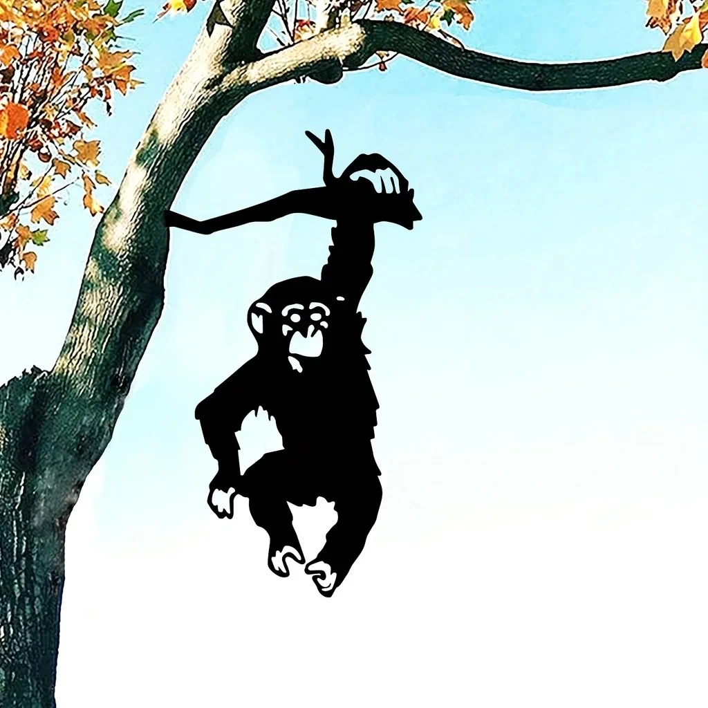 1PC Monkey Hanging On The Branch Garden Stake, Yard Art Decor, Silhouette Metal Wall Art Home Garden Patio Outdoor Statue