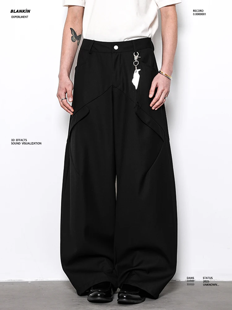 

BLANKIN American High Street Casual Pants Men's Loose Straight Leg Pleated Bla White High-End Feeling Daily Wear