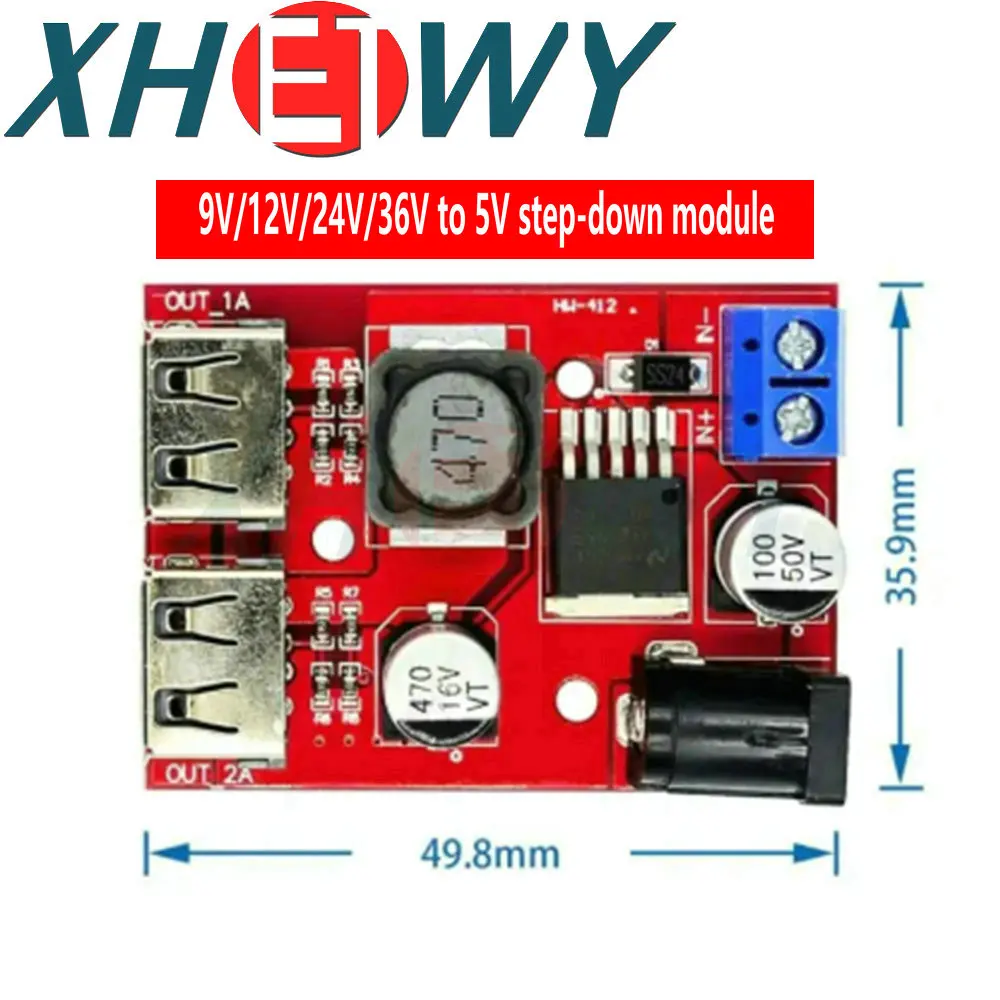 LM2596S módulo reductor para teléfono móvil, equipo de fuente de alimentación de doble puerto USB de 9V/12V/24V/36V a salida fija de 5V y 3a, Color Rojo