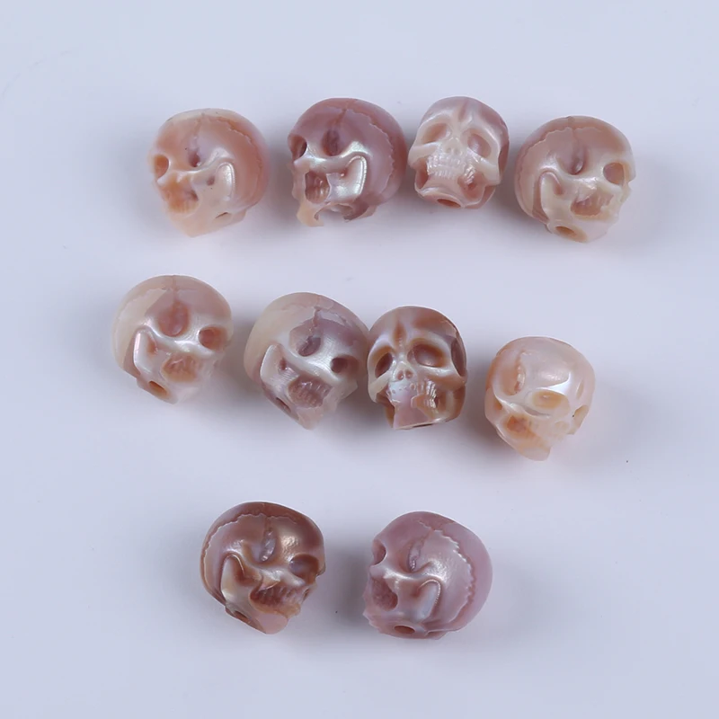 Solo 1 pieza, venta de 8-9mm, blanco/rosa/púrpura, calavera tallada a mano, perlas talladas, perlas de agua dulce