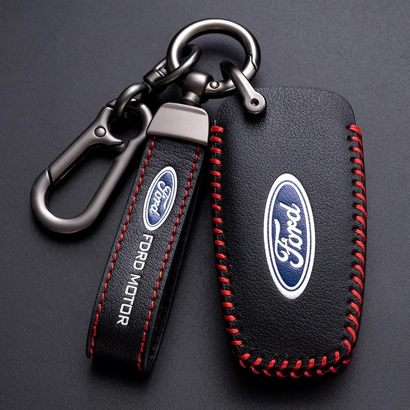 Housse de clé télécommande intelligente en cuir pour voiture, autocollant pour Ford Focus Mk3 Mk4 Fiesta Kuga Escape Edge Explorer Mondeo Ranger F-150 Mustang