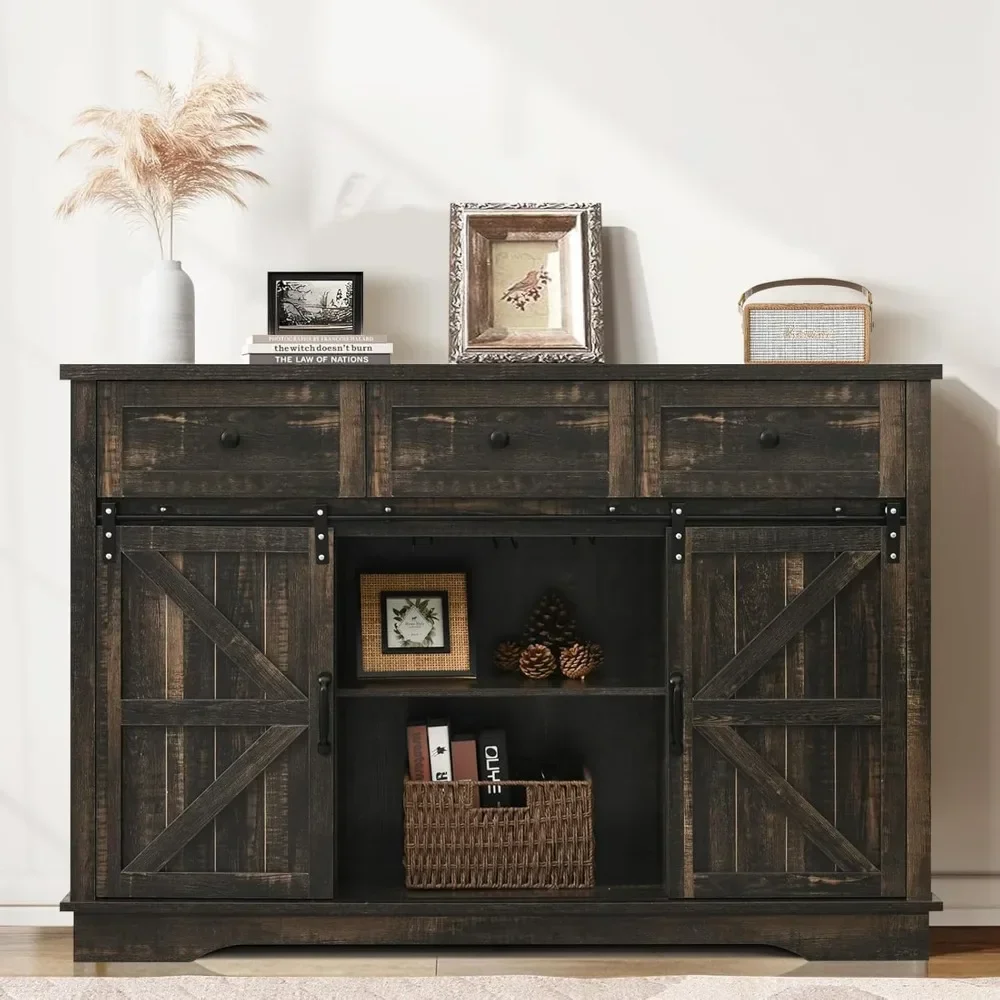 Farmhouse Wine Bar Cabinet with Sliding Barn Doors|54" Large Buffet Cabinet with 15 Wine Rack|Glass Rack