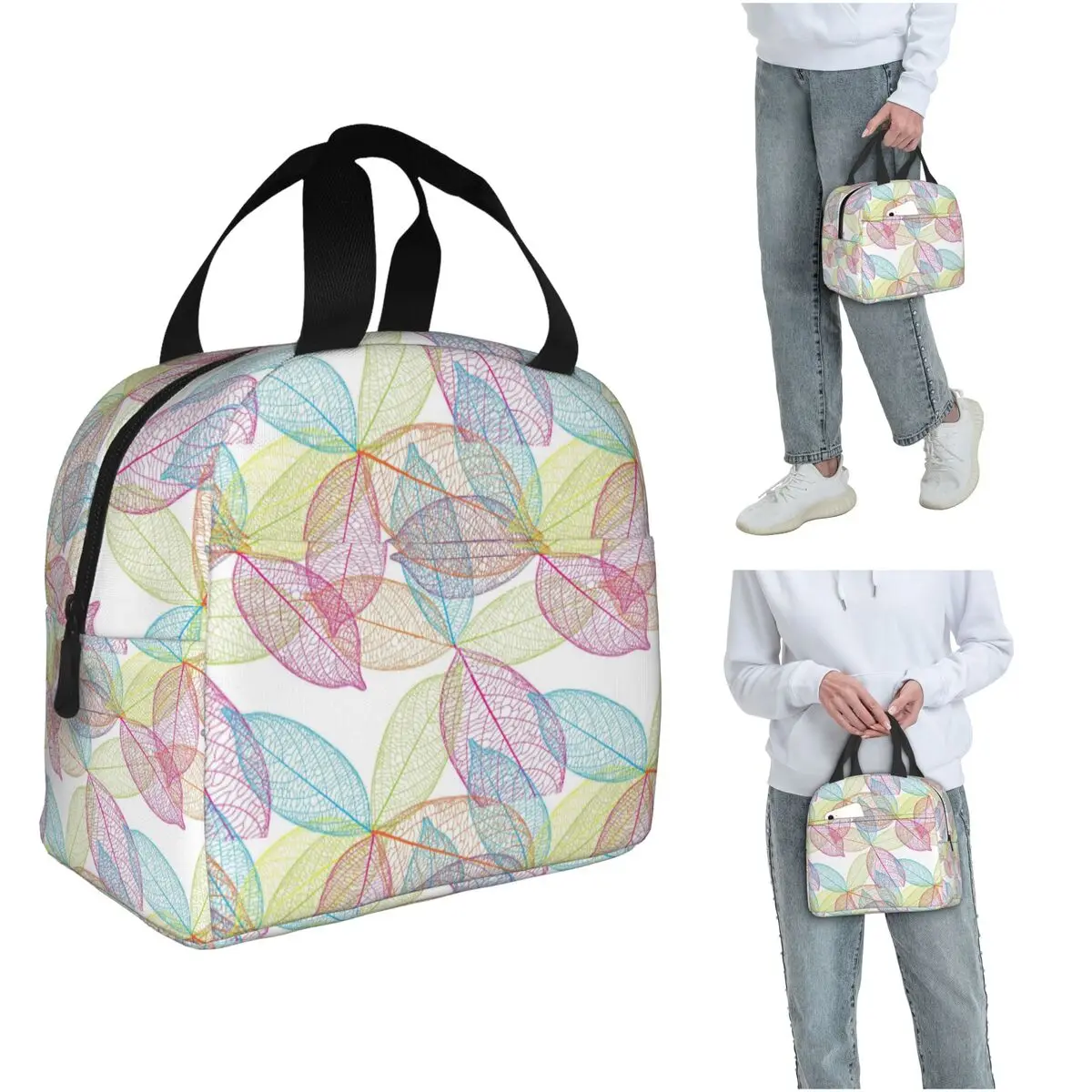 

Красочная термосумка для обедов с узором в виде прожилок листьев для женщин и детей, портативный термоконтейнер для еды, сумка-тоут