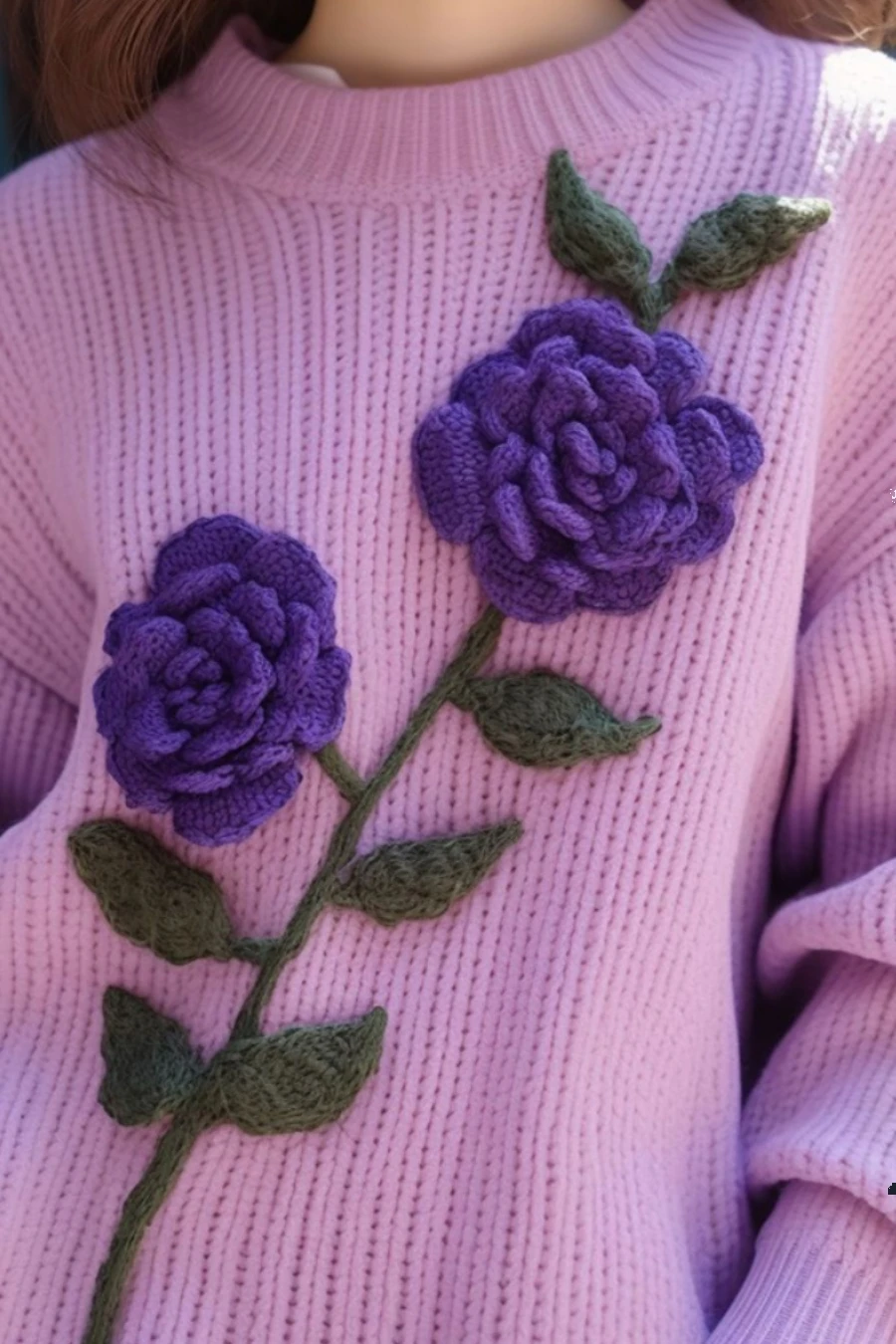 Purple 3d Flowers Patchwork Sweater Women Spring New Thicken Warm O-neck Long Sleeved Pullover Y2k Knitwear Ladies Sweater Tops