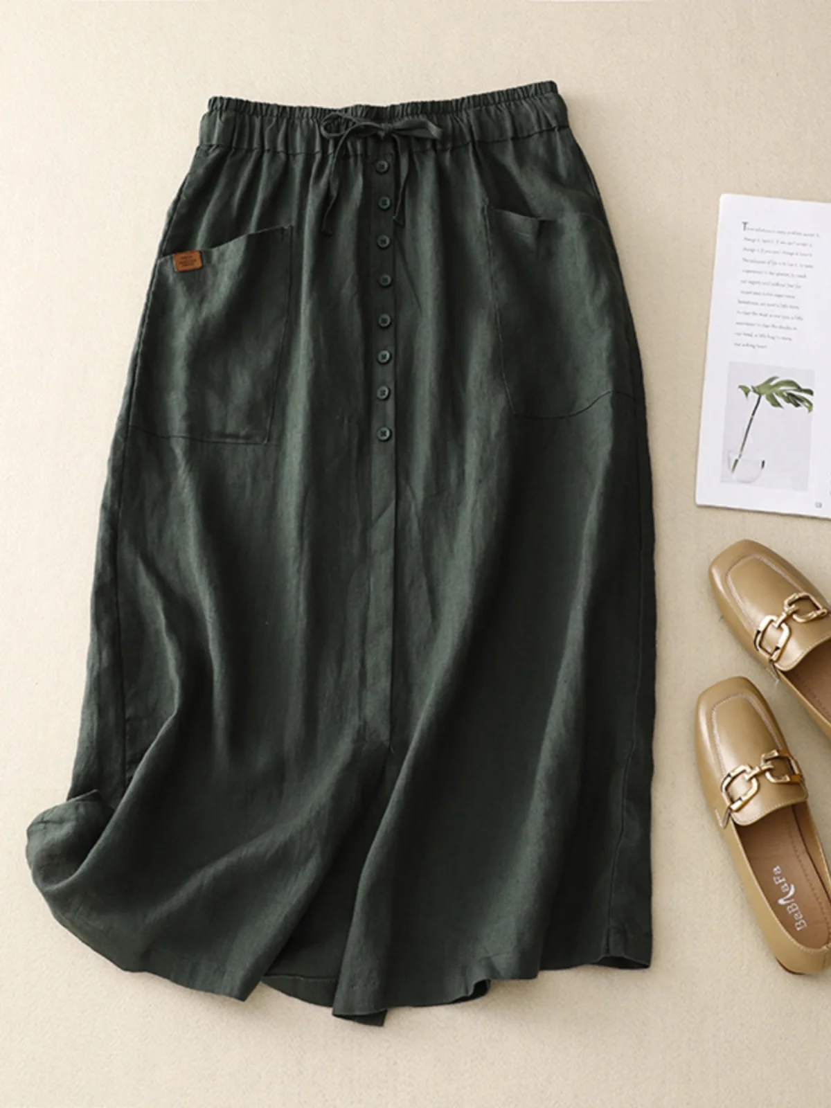 ارتفاع الخصر ثنيات القطن الكتان ألف خط تنورة المرأة الصيف زر واحد الورك تغطي التنانير غير رسمية الكورية Sle ميدي تنورة #2