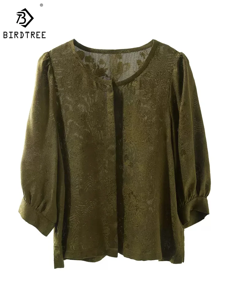 

BirdTree, 100%Real Silk Elegant T-Shirt, Women O Neck Floral Jacquard, Casual Retro Puff Sleeve Top, 2024 Spring Summer T43782QM