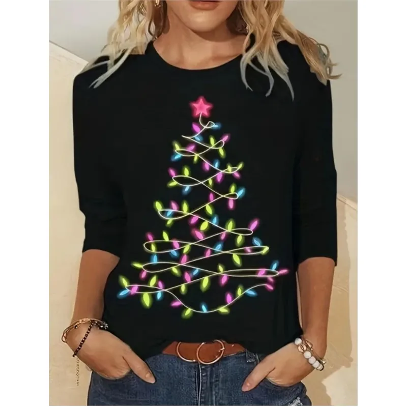 New women\'s long sleeved top T-shirt with Christmas tree print pattern fashionable and elegant styleround neck T-shirt for women