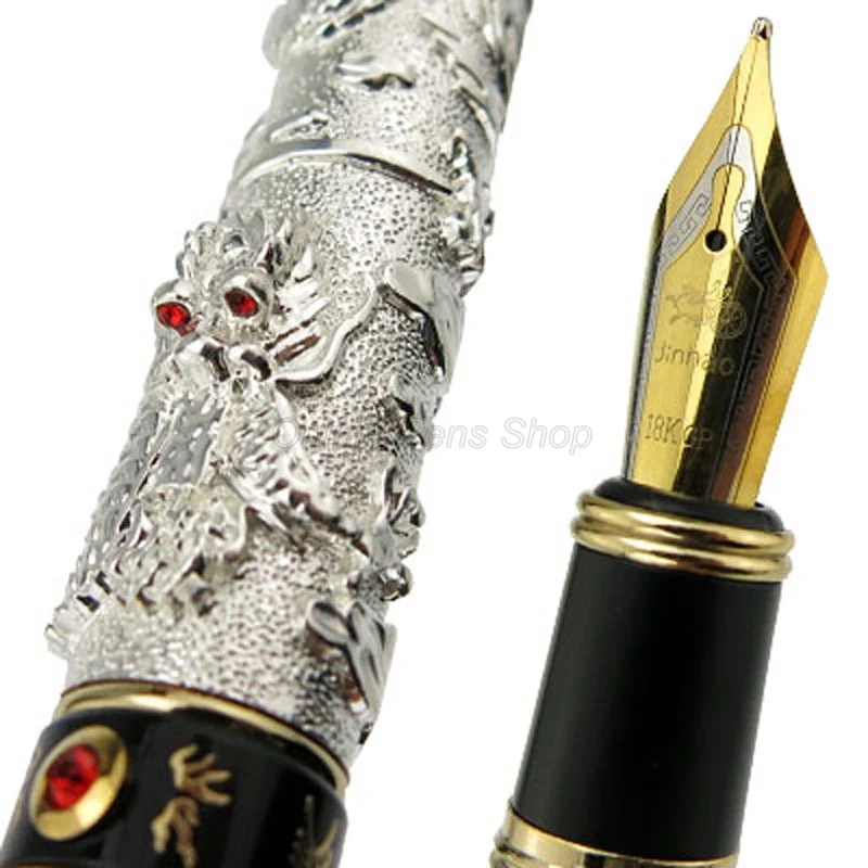 

Jinhao Silver & Black Fountain Pen Double Dragon Playing Pearl Metal Carving Embossing Heavy Pen Luxury Writing Ink Pen