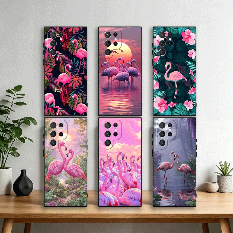 Pink Red Dreamy Flamingo Phone Case Cover for Samsung Galaxy S22 S23 Plus S24 FE S25 Edge S26 Ultra S20 S21 + Black Soft Shell
