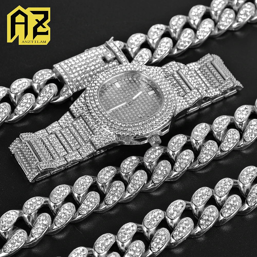 Anztilam 20mm Width Necklace Watch Bracelet Set Hip Hop Iced Out Miami Cuban Chain Rhinestones Men Jewelry Free Ship