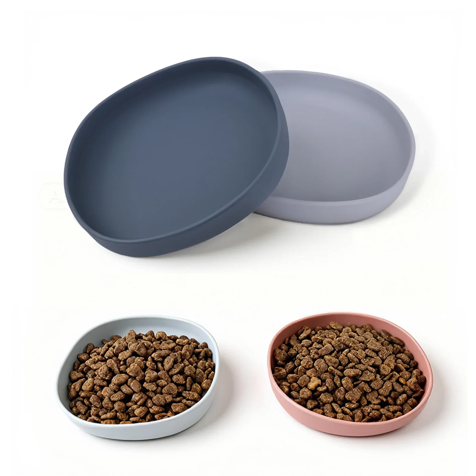 2 placas de gato de silicone amigáveis com bigodes, tigelas largas e rasas para animais de estimação, prato de alimentação sem derramamento para alimentos secos e molhados