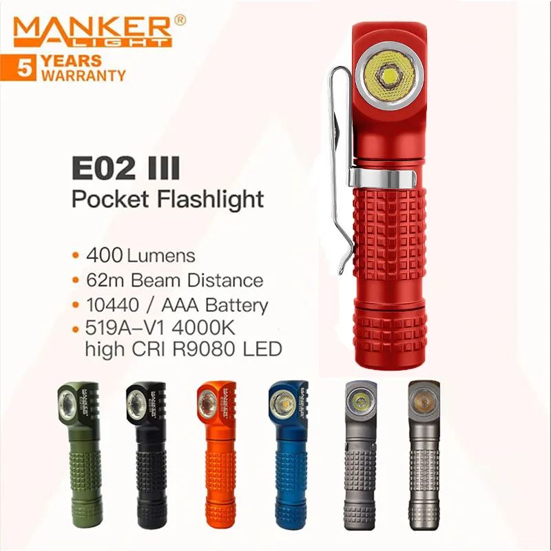 

MANKER E02 III EDC Pocket Flashlight, 400 Lumen,Powered 10440/AAA Battery,Magnetic Tail,10 Lighting Modes (Red,4000K High CRI)