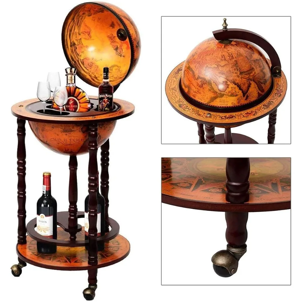 Moccha 17” Globe Wood Wine Bar Stand, 16th Century Italian Replica Liquor Bottle Shelf w/Wheels, Wood Wine Cart Cabinet w/Bottom